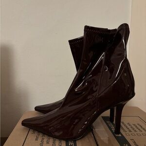Zara Patent Pointed-Toe Stiletto Ankle Boots in Dark Burgundy